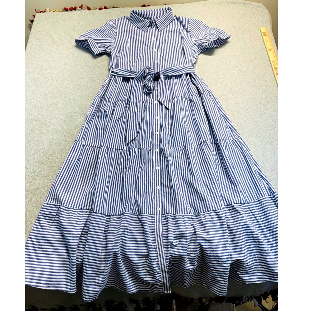 Utcoco Shirt Dress Womens Large Blue White Striped Tiered Cotton Maxi Belted